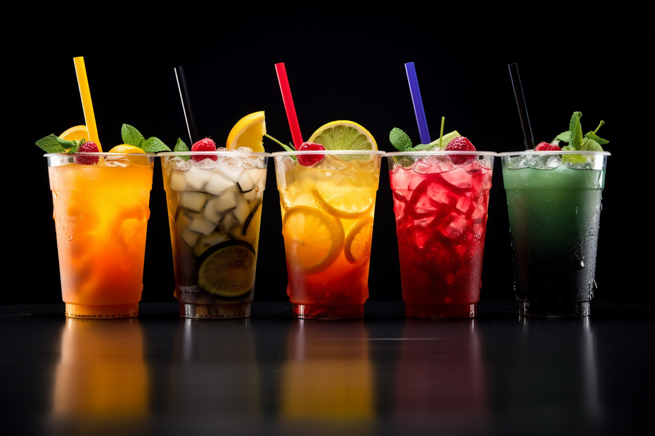 A picture of different iced fruit drinks on a black background, food and drink at home image