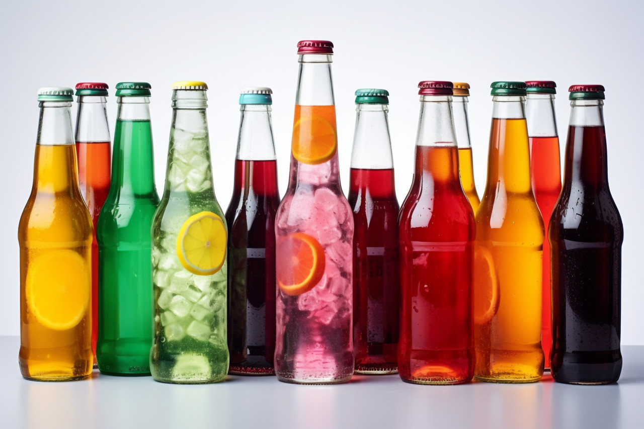 A picture of different plastic bottles of fizzy drinks on a white background, food and drink at home image