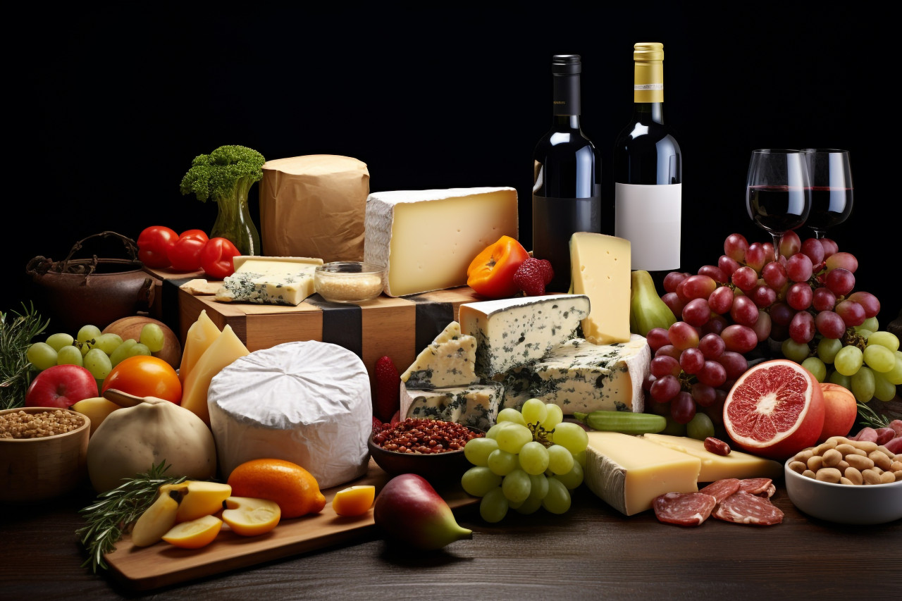 A photo of a variety of grocery products including vegetables, food and drink at home photo