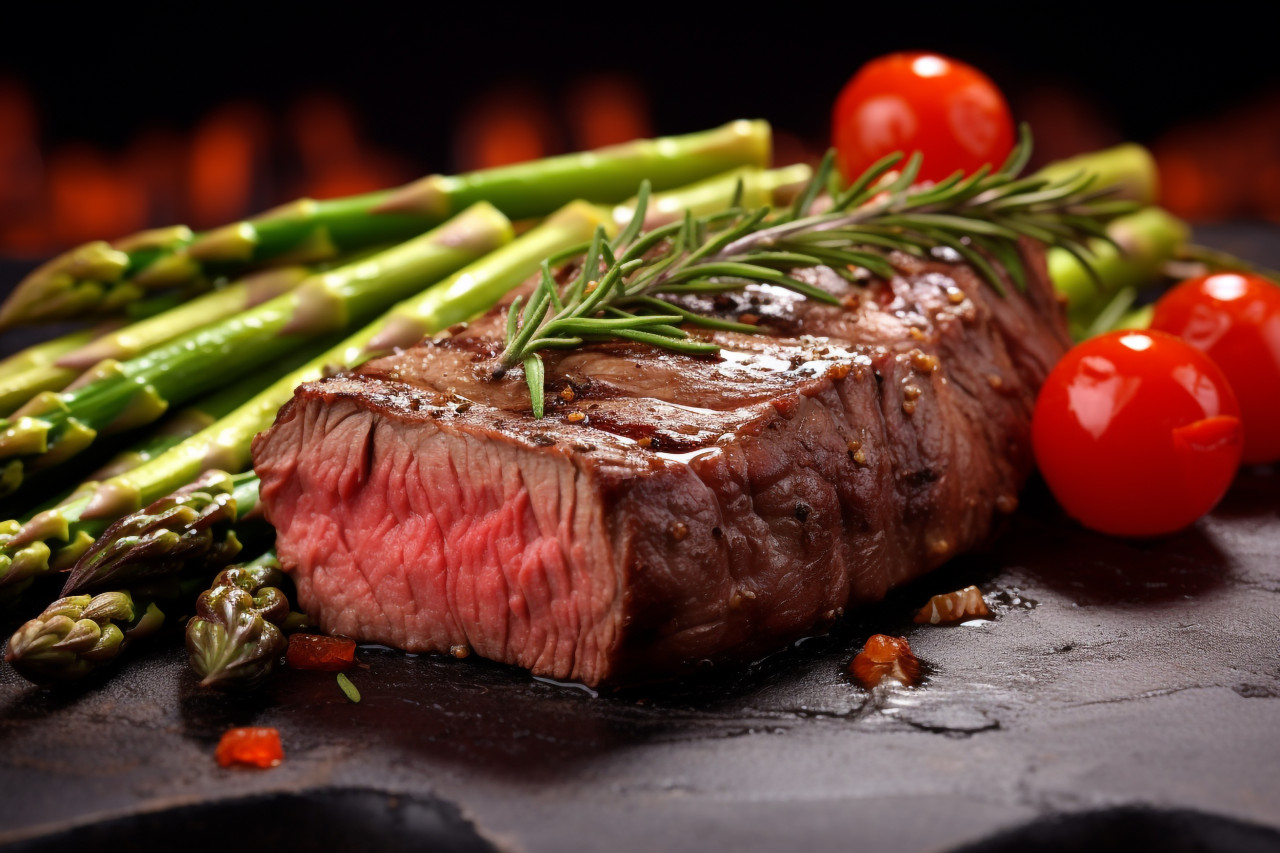 A picture of a ribeye steak that has been cooked on a grill with cherry tomatoes and asparagus on the side, food and drink at home photo