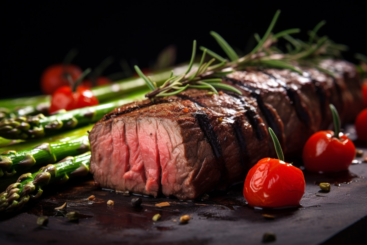A picture of a ribeye steak that has been cooked on a grill with cherry tomatoes and asparagus on the side, food and drink at home photo