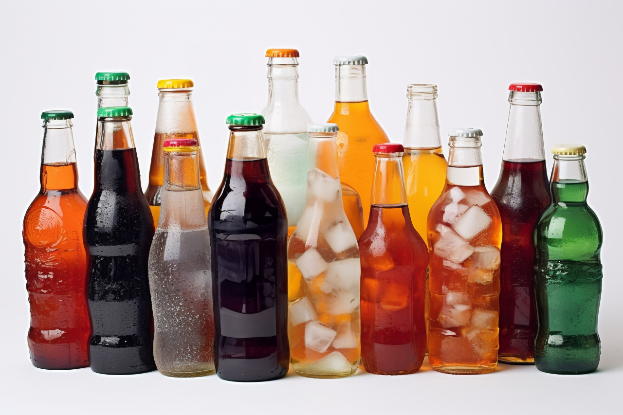 A picture of different plastic bottles of fizzy drinks on a white background, food and drink at home image