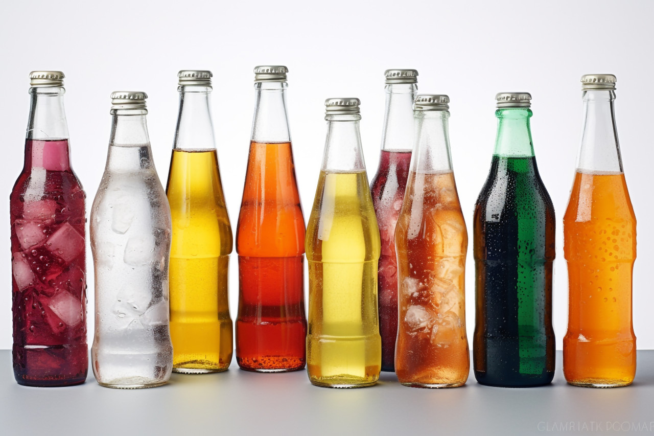 A picture of different plastic bottles of fizzy drinks on a white background, food and drink at home image