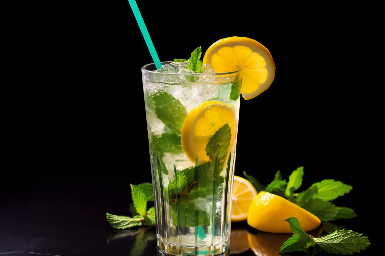 A cold and refreshing lemonade drink with lemon mint and ice, food and drink at home photo