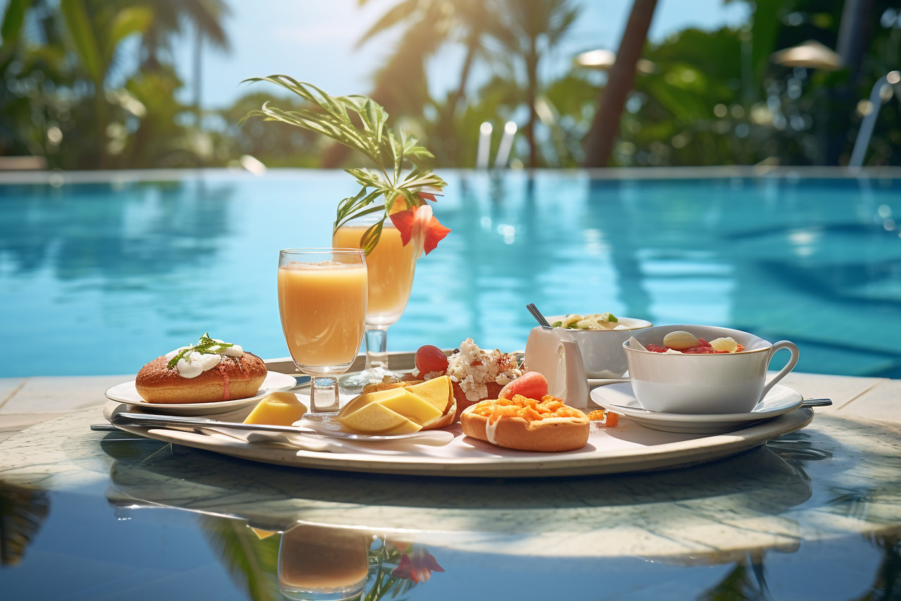 A picture of breakfast floating in a pool at a fancy warm resort, food and drink at home photo