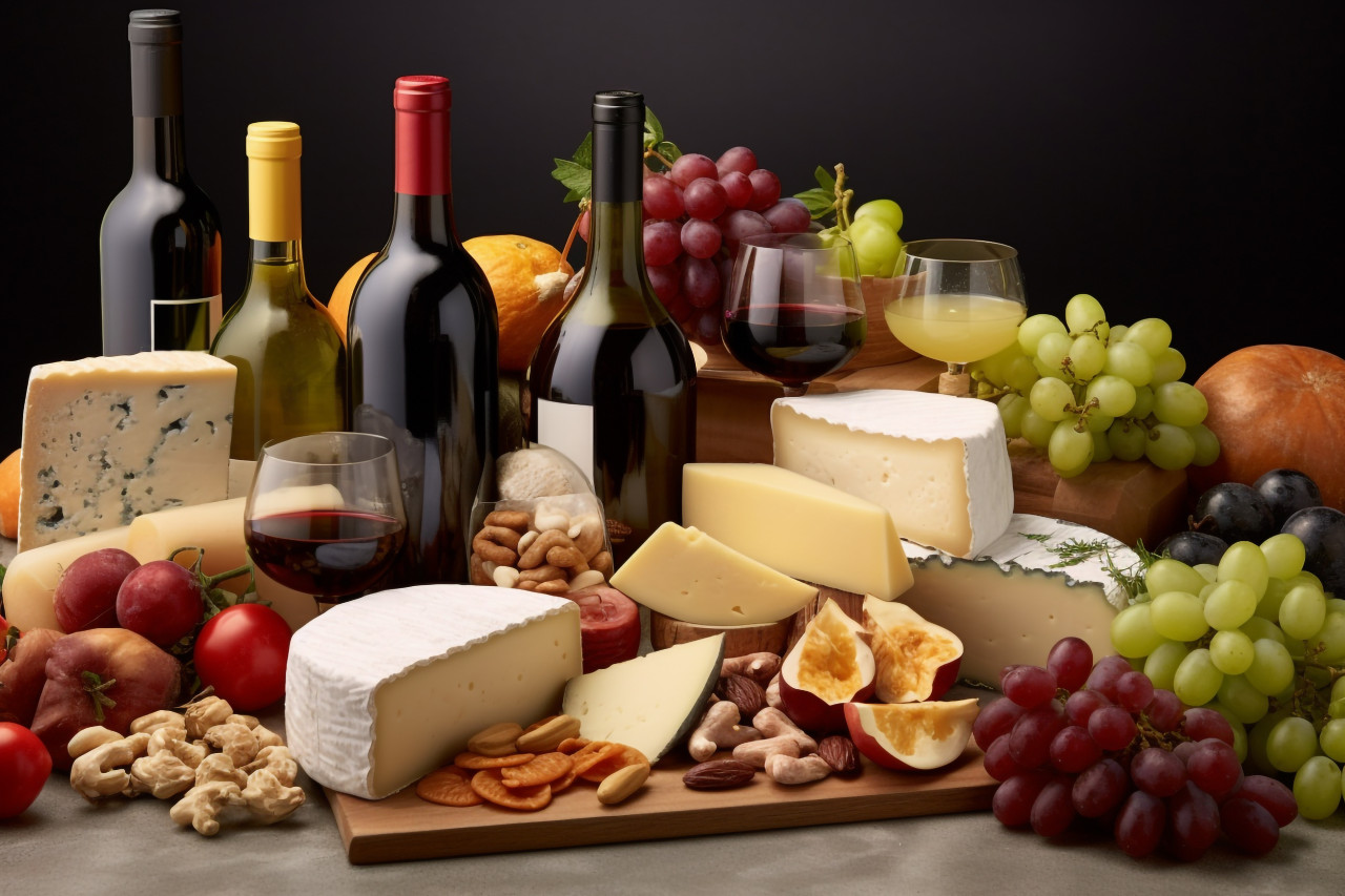 A photo of a variety of grocery products including vegetables, food and drink at home photo