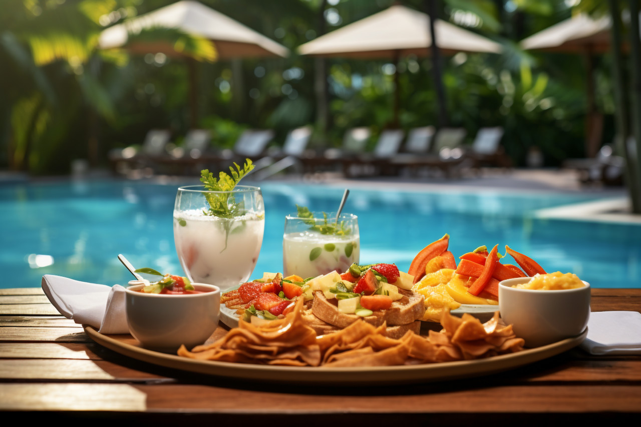 A picture of breakfast floating in a pool at a fancy warm resort, food and drink at home photo