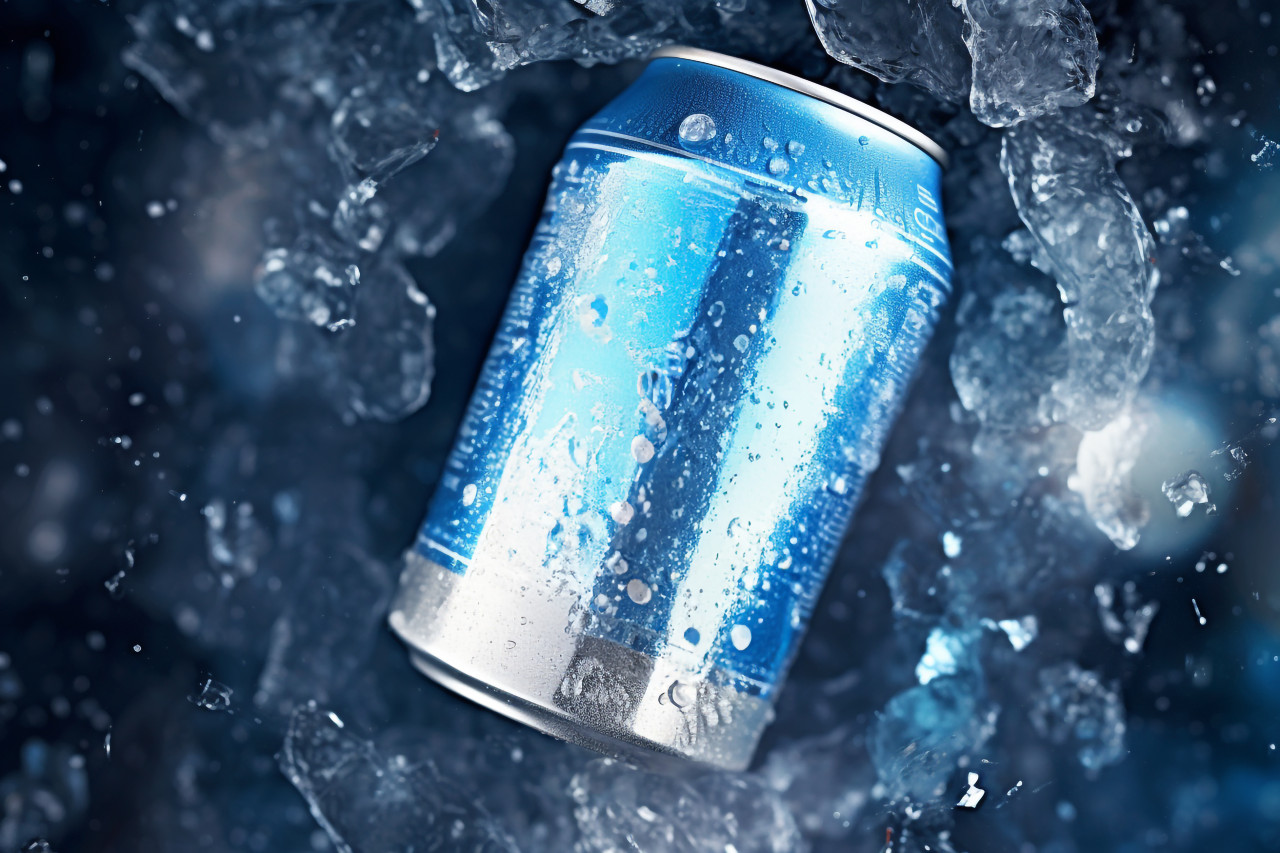 A photo of the top of a cold drink can that is covered in frost, food and drink at home photo
