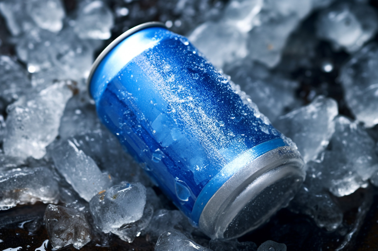 A photo of the top of a cold drink can that is covered in frost, food and drink at home photo