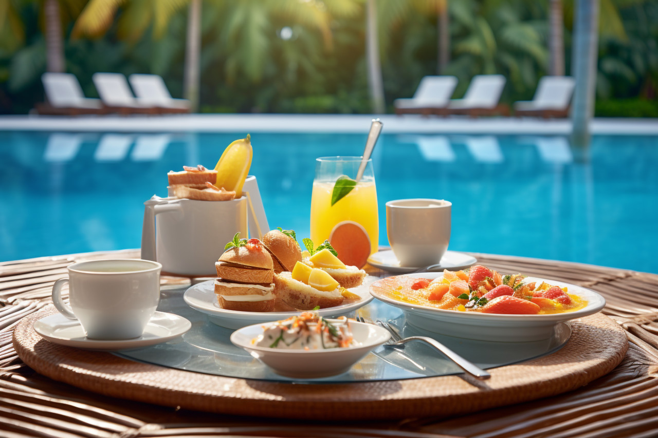 A picture of breakfast floating in a pool at a fancy warm resort, food and drink at home photo