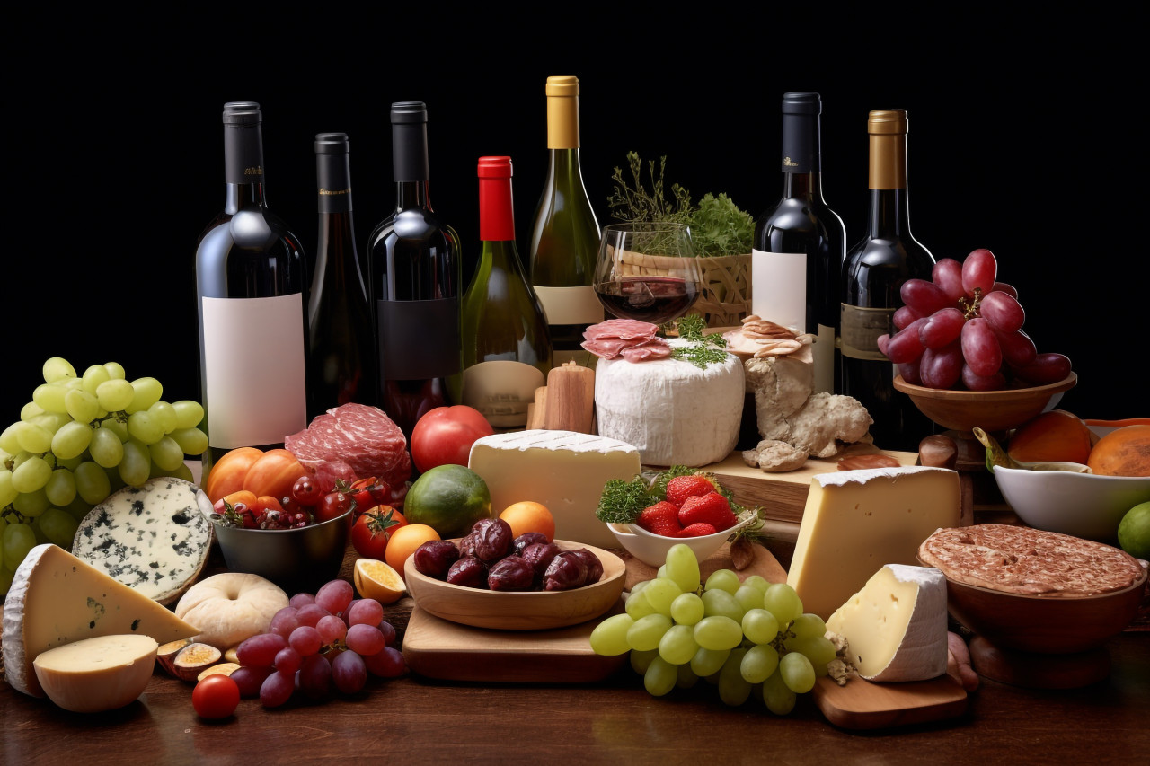 A photo of a variety of grocery products including vegetables, food and drink at home photo