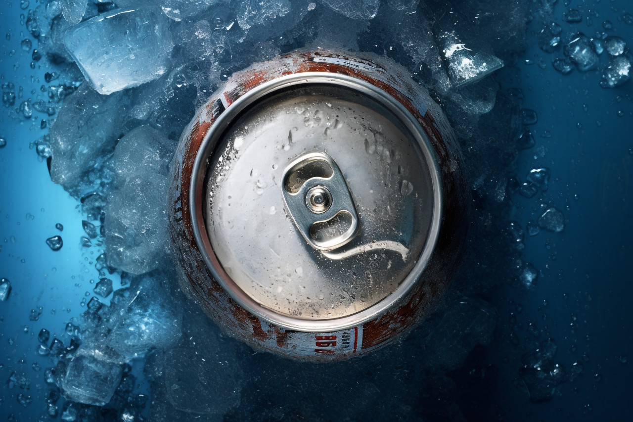 A photo of the top of a cold drink can that is covered in frost, food and drink at home photo