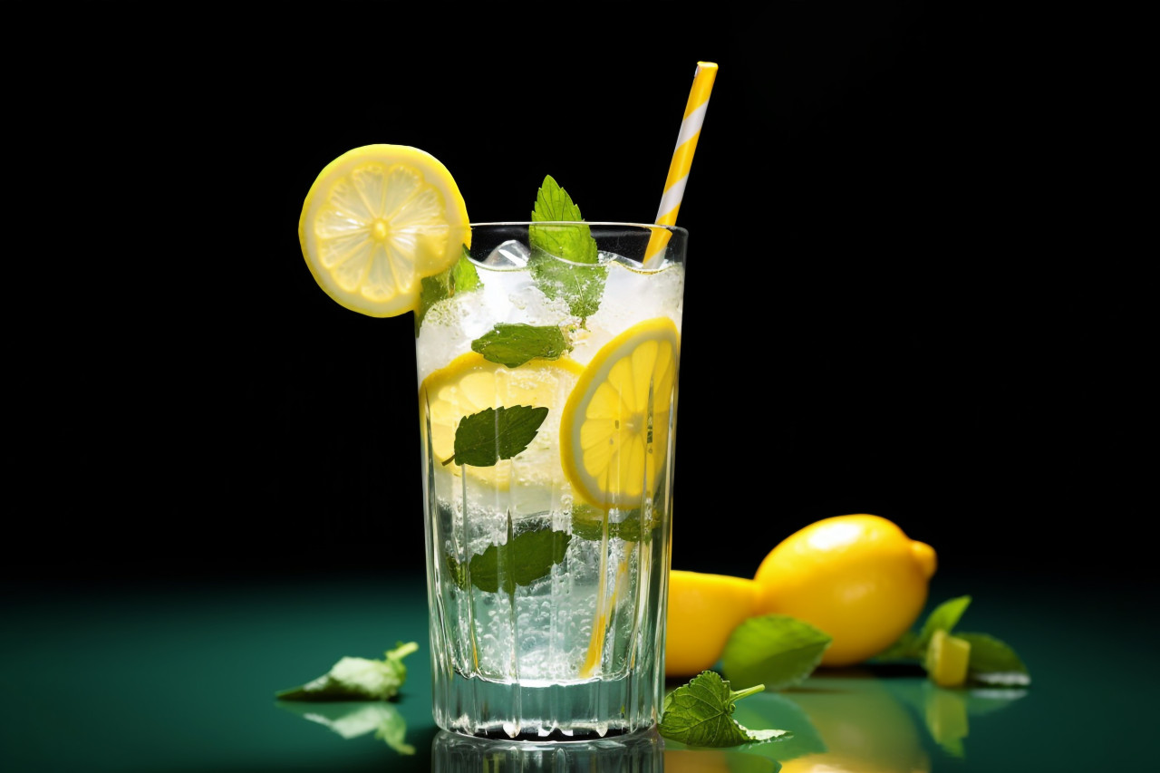A cold and refreshing lemonade drink with lemon mint and ice, food and drink at home photo