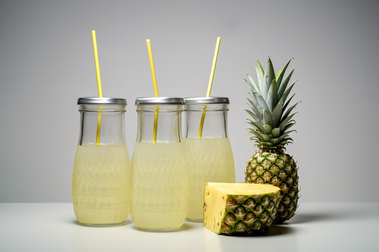 A picture of a pineapple drink called tepache in reusable glass bottles with metal straws and a glass pitcher on a light gray background, food and drink at home image