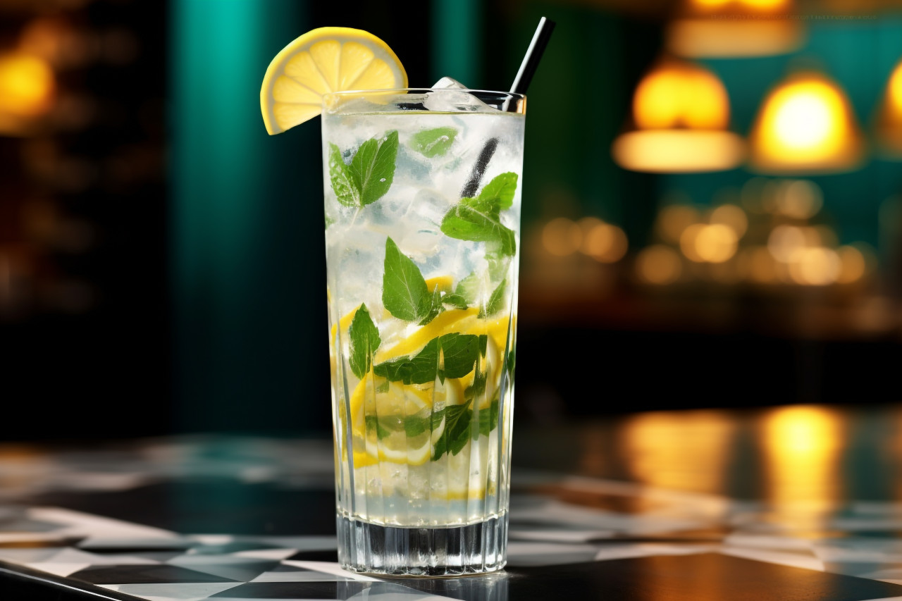 A cold and refreshing lemonade drink with lemon mint and ice, food and drink at home photo