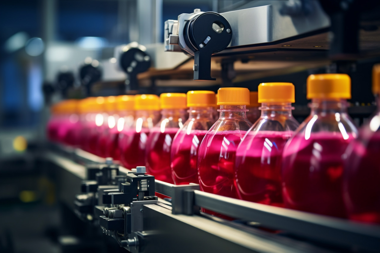 A picture of a conveyor belt in a drink factory where fruit juice is being made, food and drink at home image