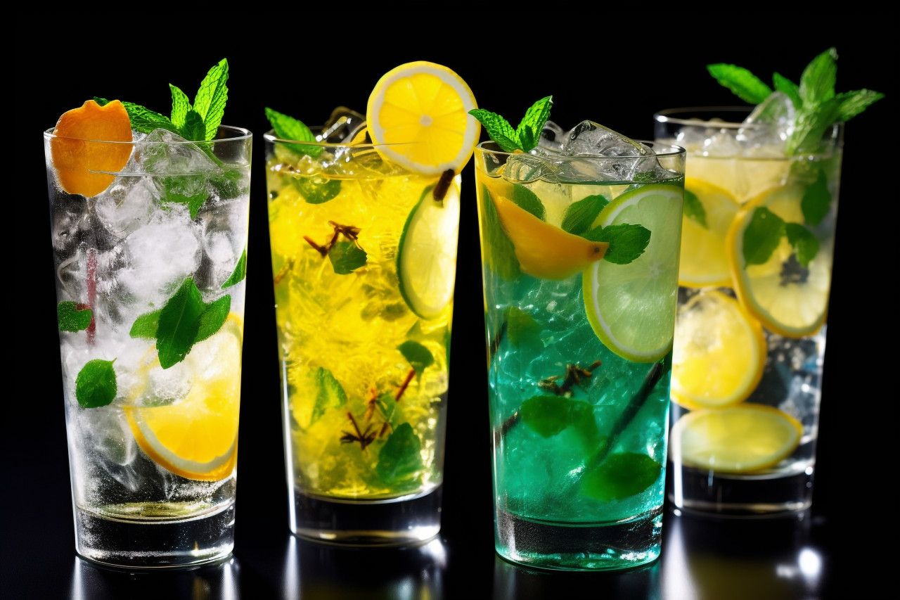 A cold and refreshing lemonade drink with lemon mint and ice, food and drink at home photo
