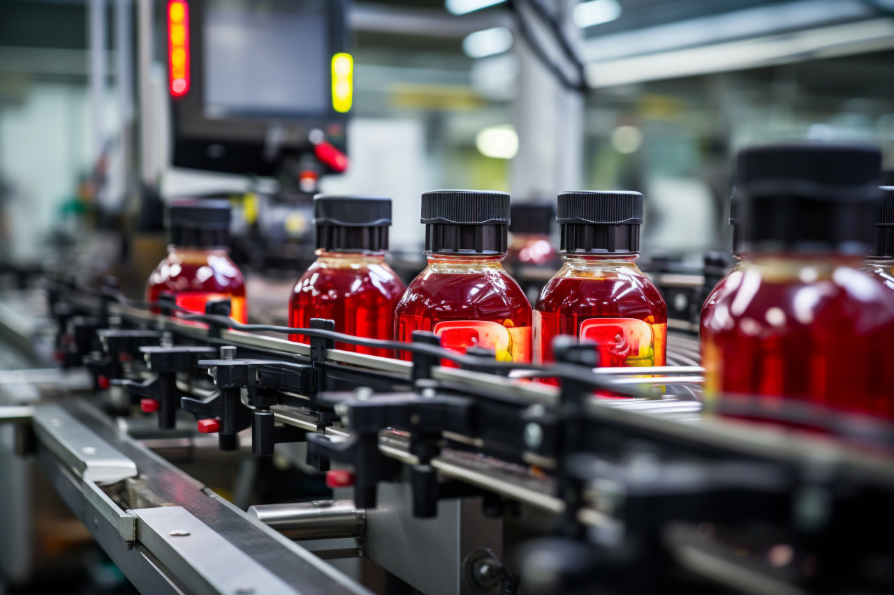 A picture of a conveyor belt in a drink factory where fruit juice is being made, food and drink at home image