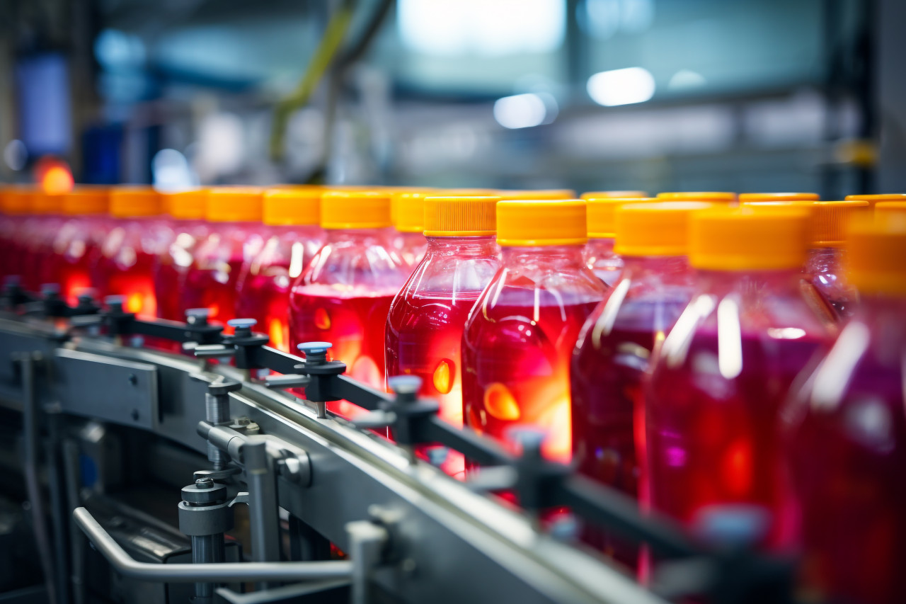 A picture of a conveyor belt in a drink factory where fruit juice is being made, food and drink at home photo