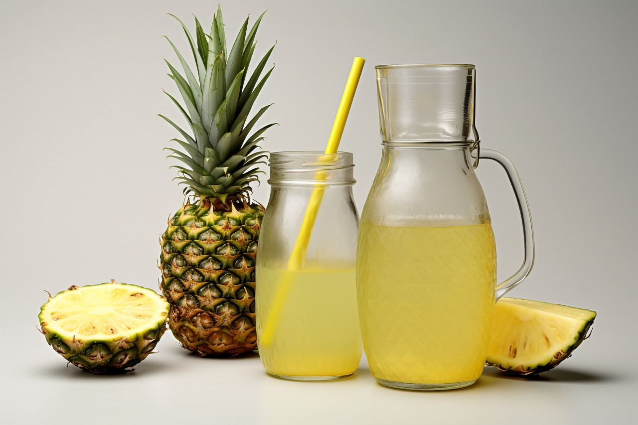 A picture of a pineapple drink called tepache in reusable glass bottles with metal straws and a glass pitcher on a light gray background, food and drink at home image