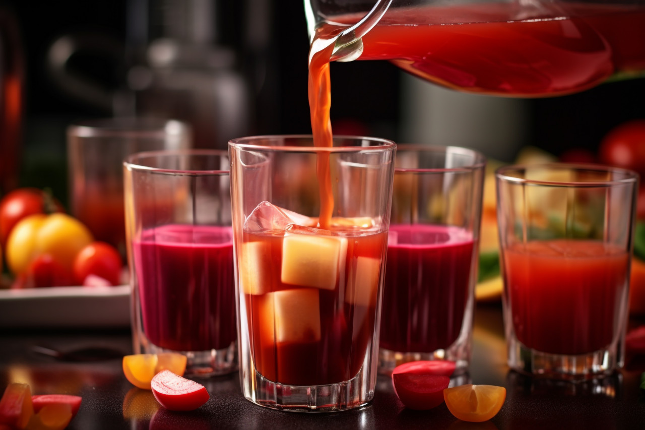 A picture of juice being poured into a glass with tasty burgers, food and drink at home image