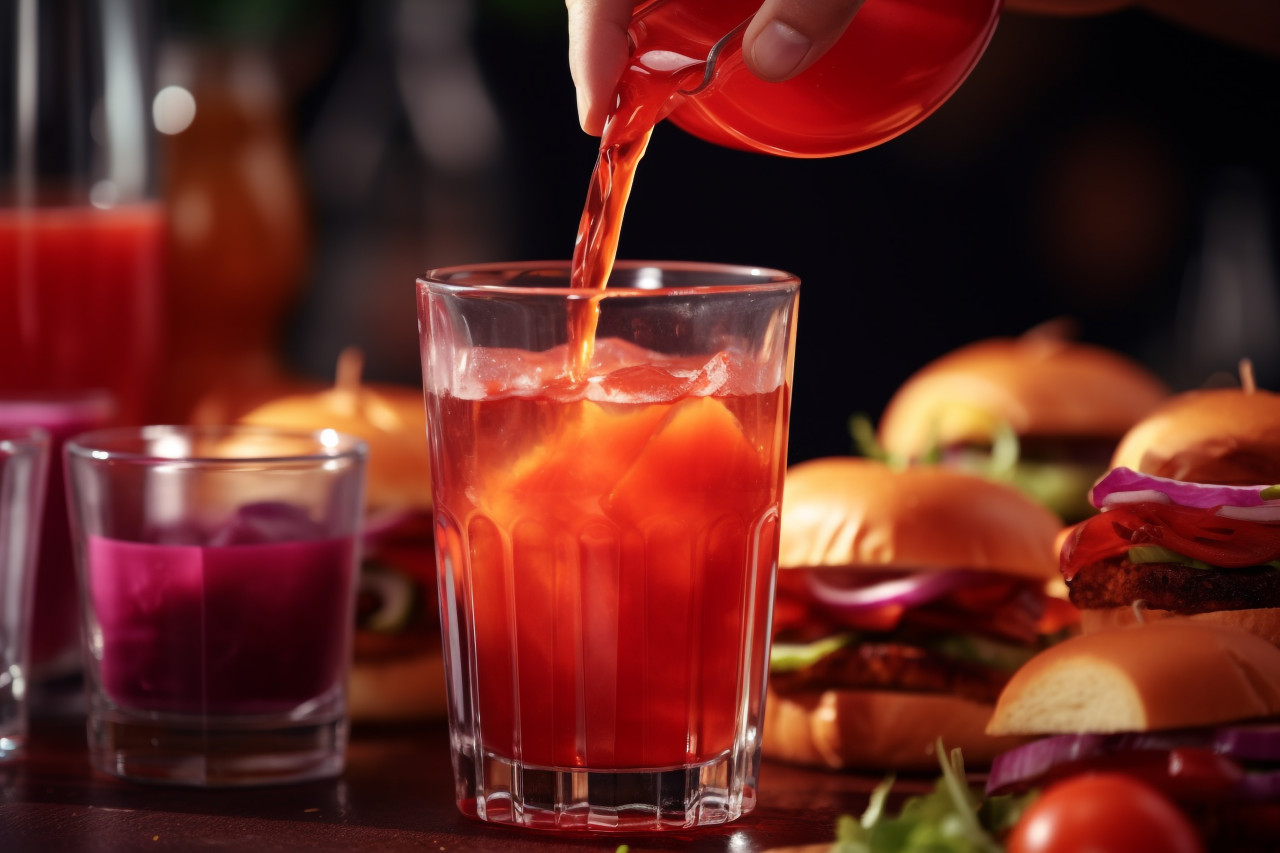 A picture of juice being poured into a glass with tasty burgers, food and drink at home image
