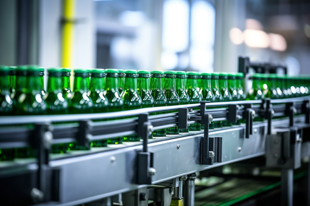 A picture of a moving belt with bottles of juice in a beverage factory, food and drink at home photo