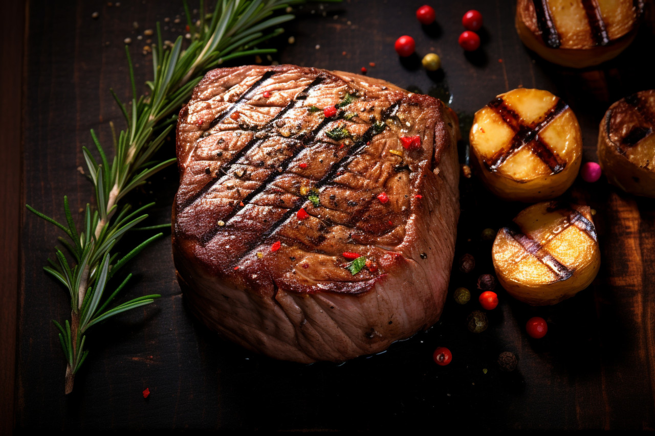 Picture of a grilled steak with roasted potato, food and drink at home photo