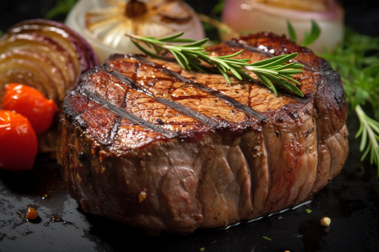 Picture of a grilled steak with roasted potato, food and drink at home photo