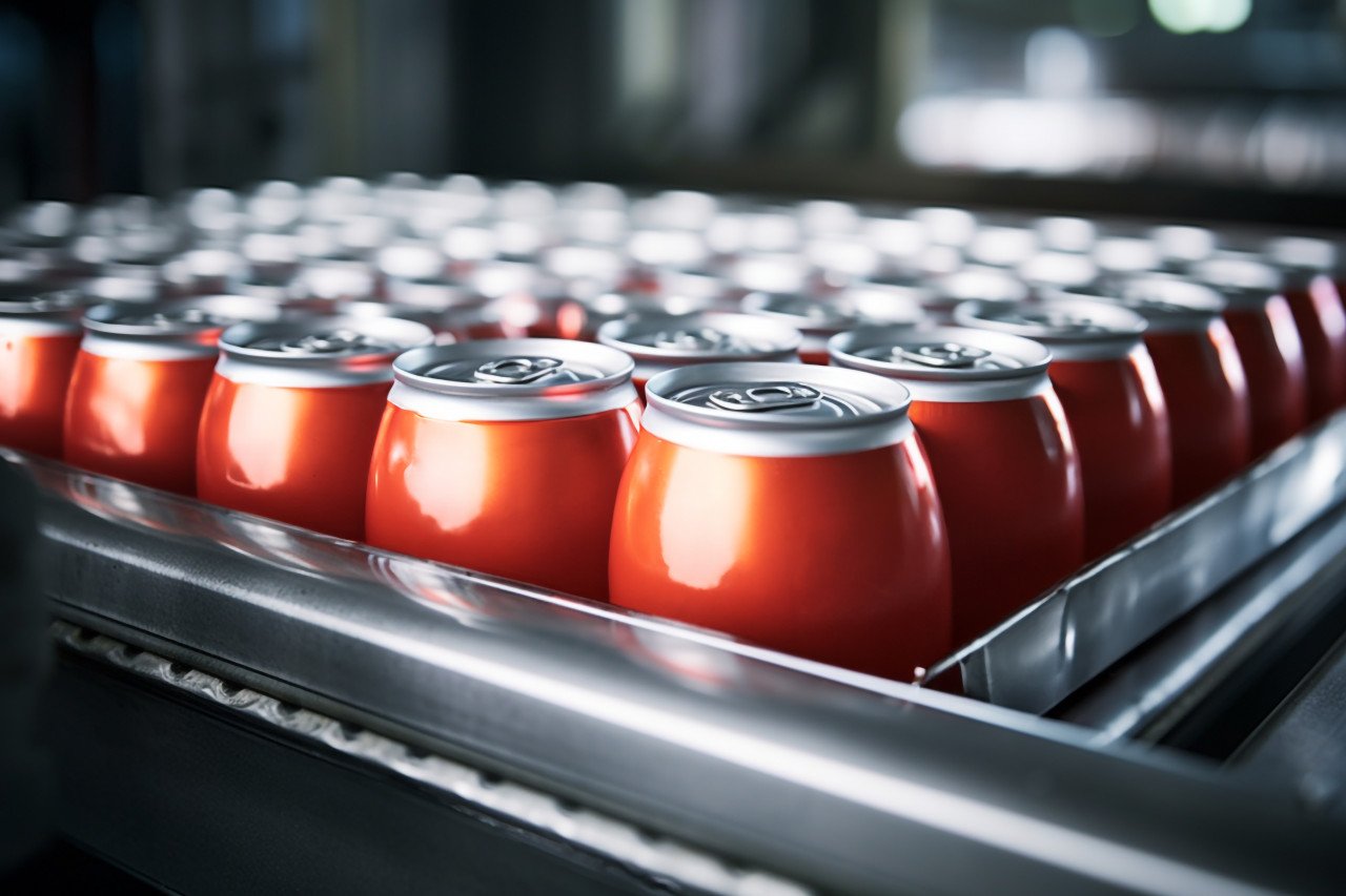 A picture of a conveyor belt moving thousands of aluminum drink cans in a factory, food and drink at home image