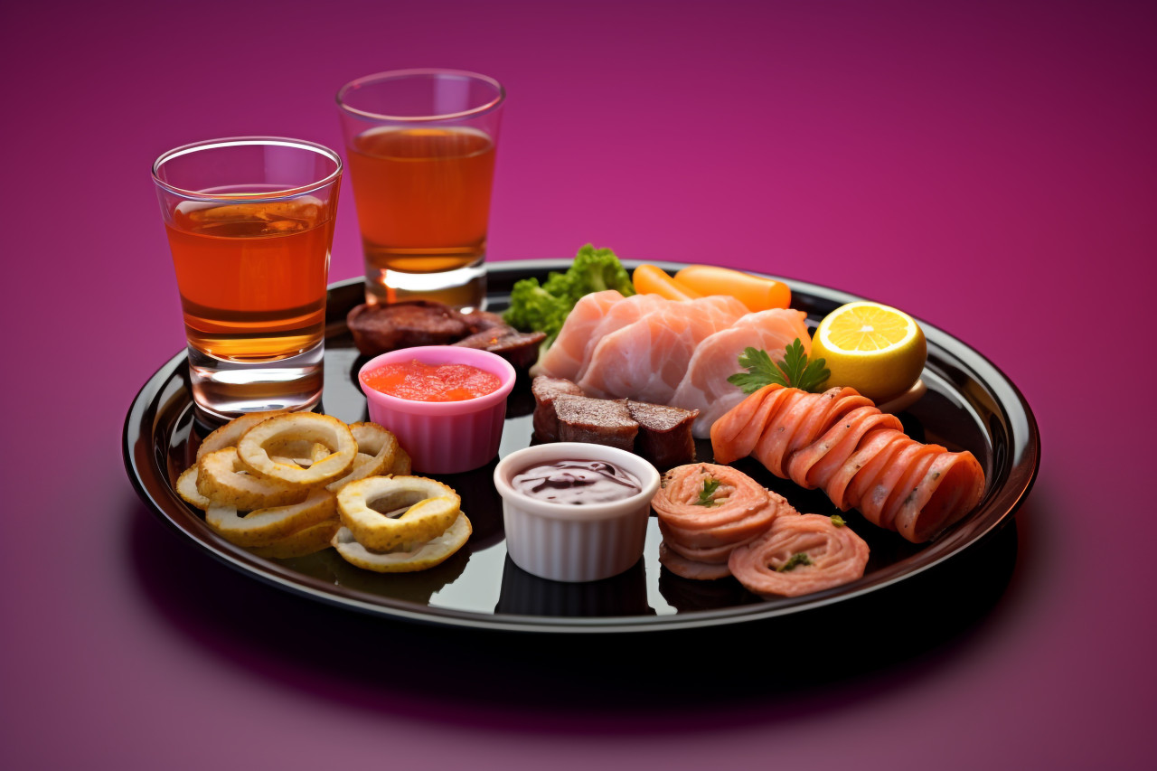 A picture of a plate of appetizers and shot glasses arranged in a creative way on a purple background, food and drink at home photo