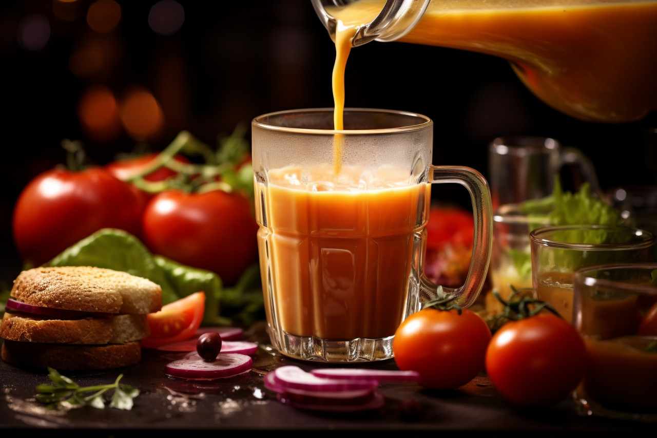 A picture of juice being poured into a glass with tasty burgers, food and drink at home image