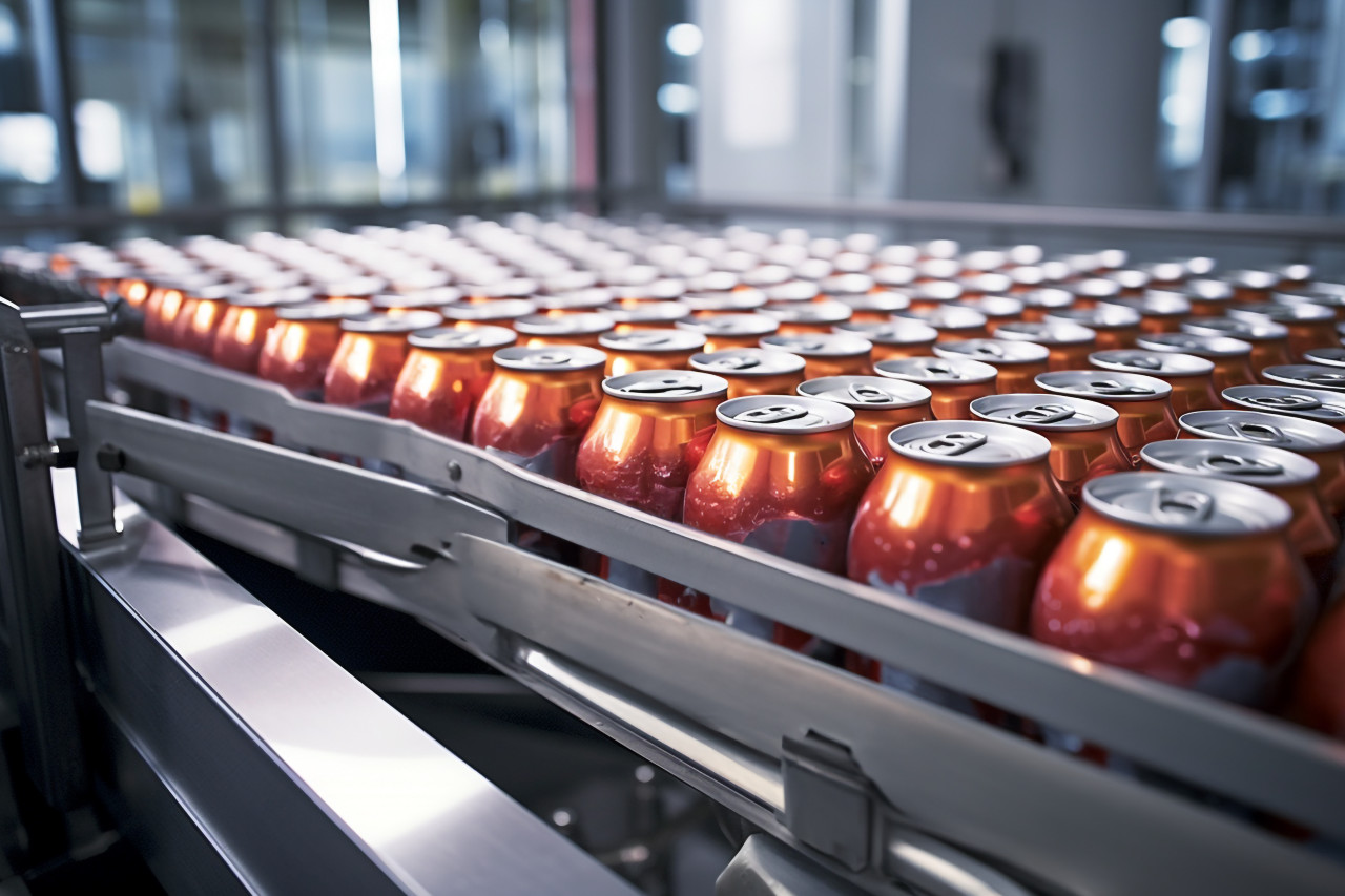 A picture of a conveyor belt moving thousands of aluminum drink cans in a factory, food and drink at home image