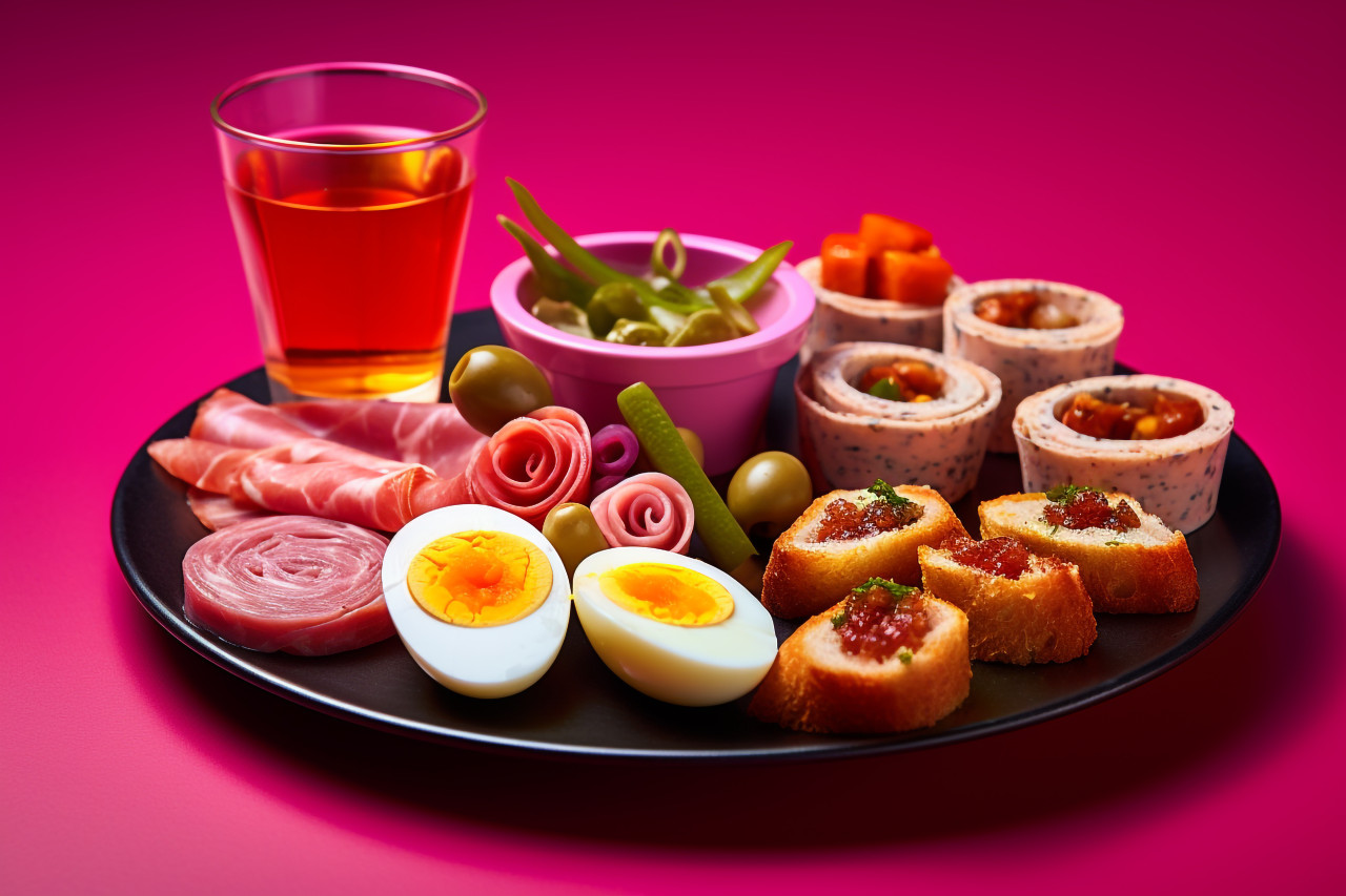 A picture of a plate of appetizers and shot glasses arranged in a creative way on a purple background, food and drink at home photo