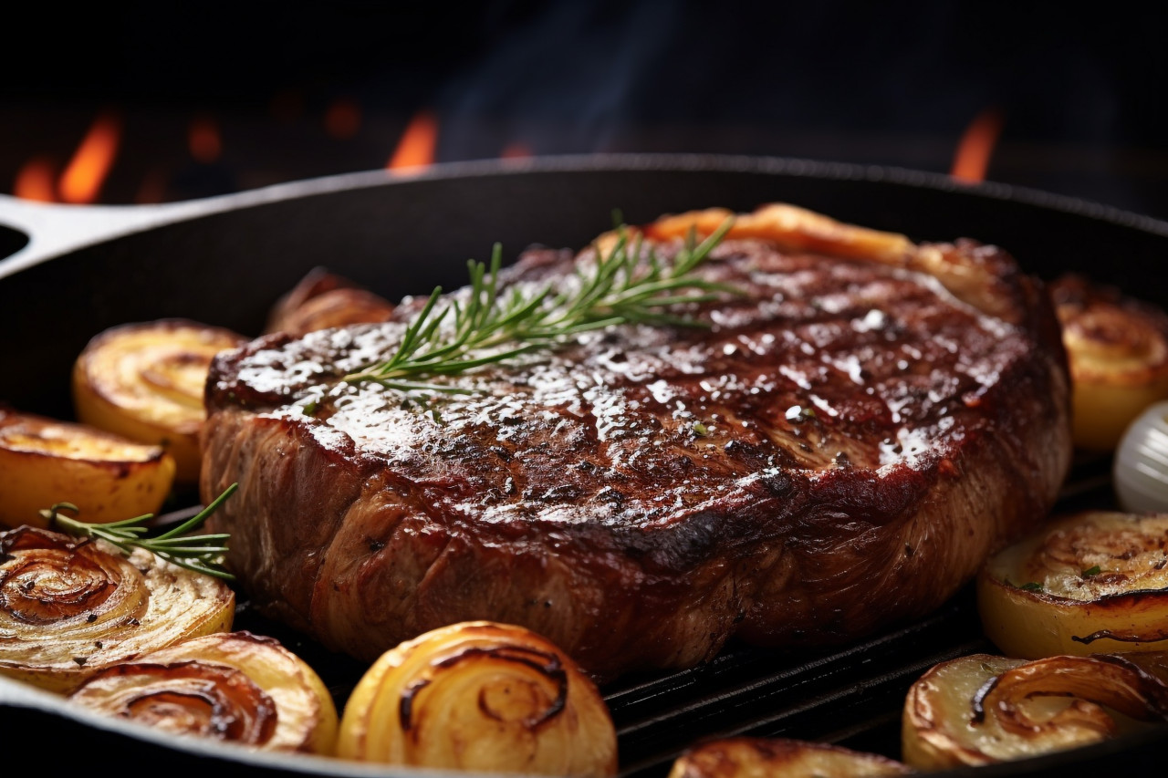 Picture of a cooked ribeye steak and baked potato in a frying pan, food and drink at home photo