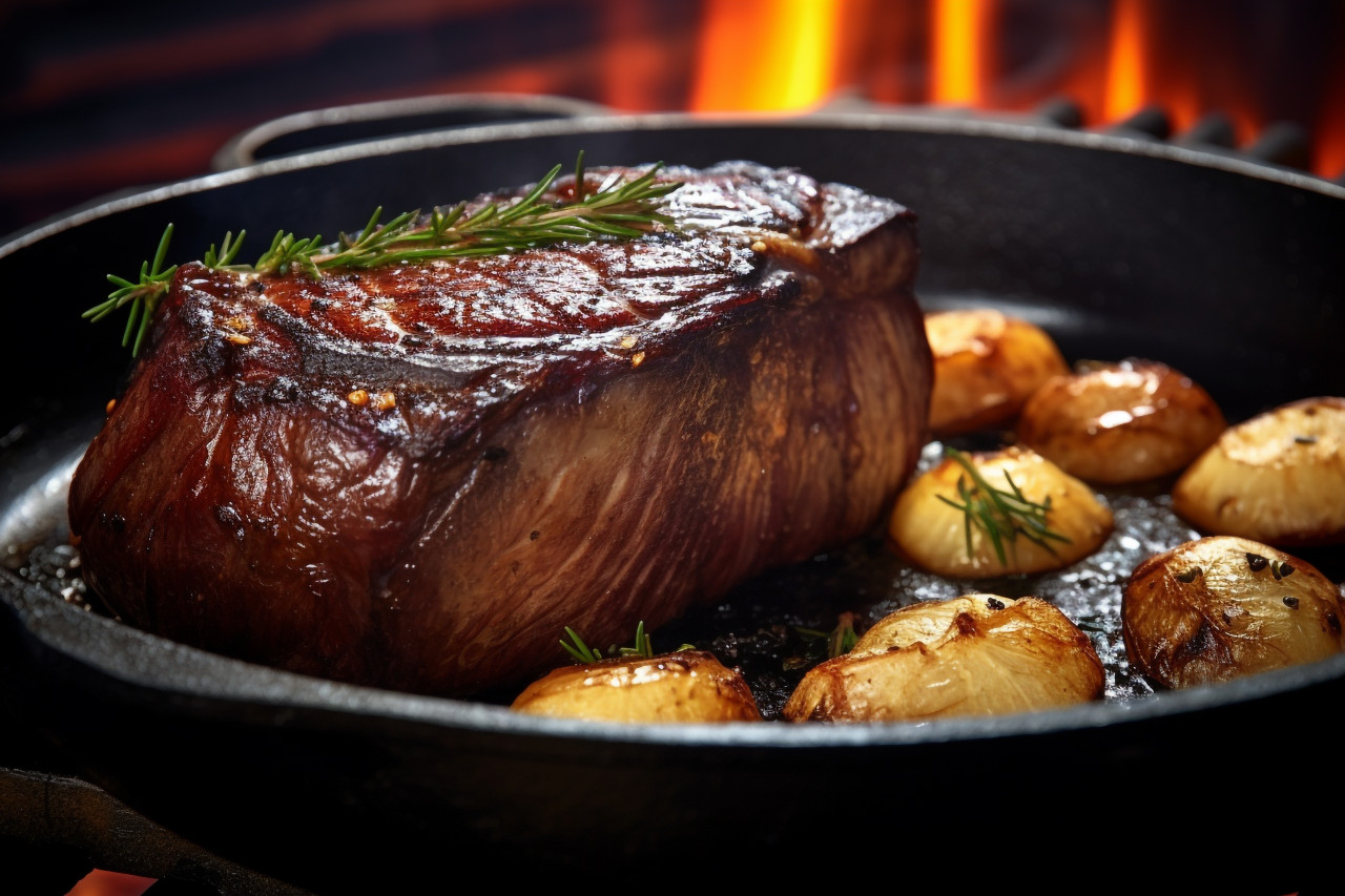Picture of a cooked ribeye steak and baked potato in a frying pan, food and drink at home photo