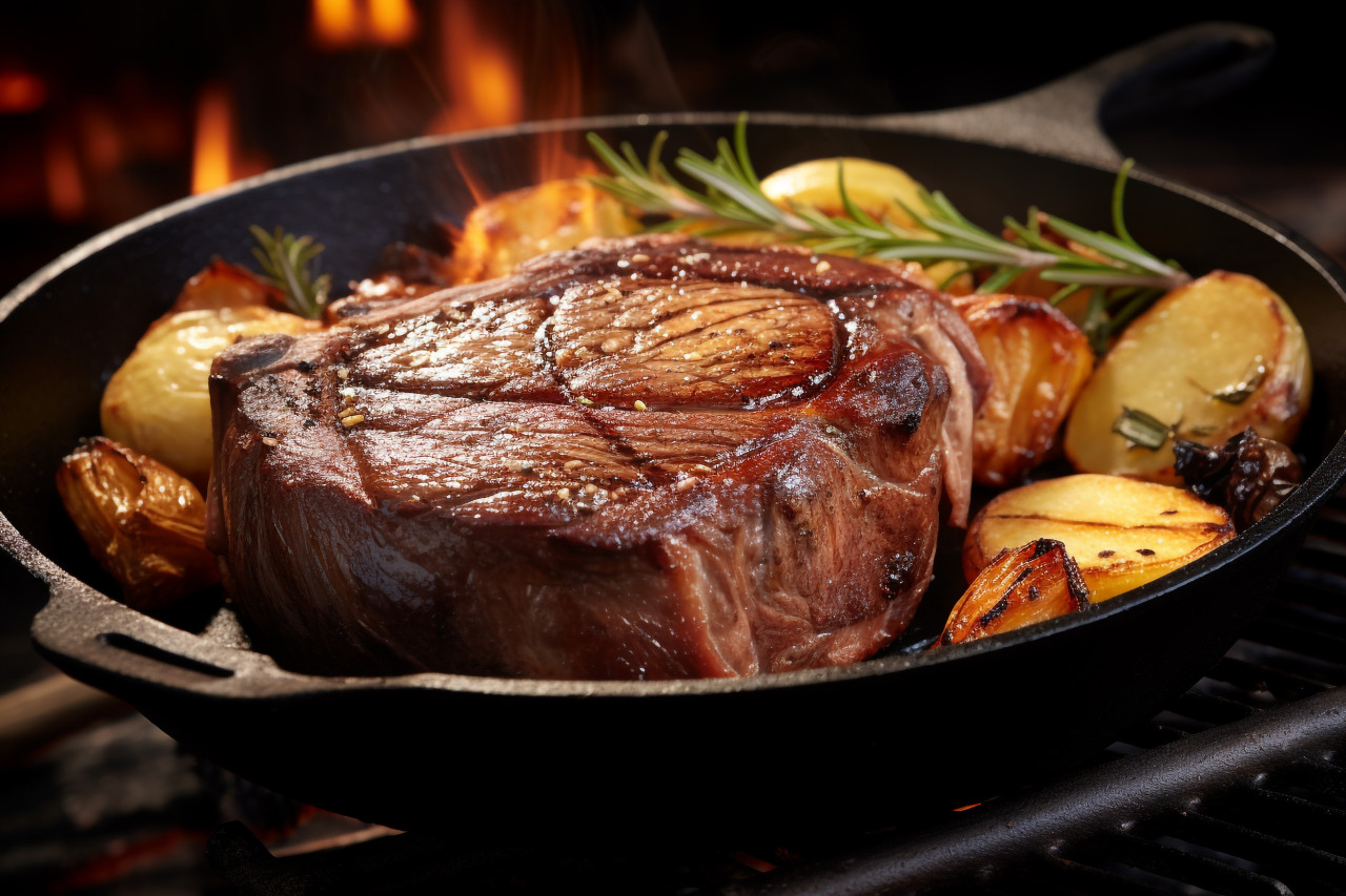 Picture of a cooked ribeye steak and baked potato in a frying pan, food and drink at home photo