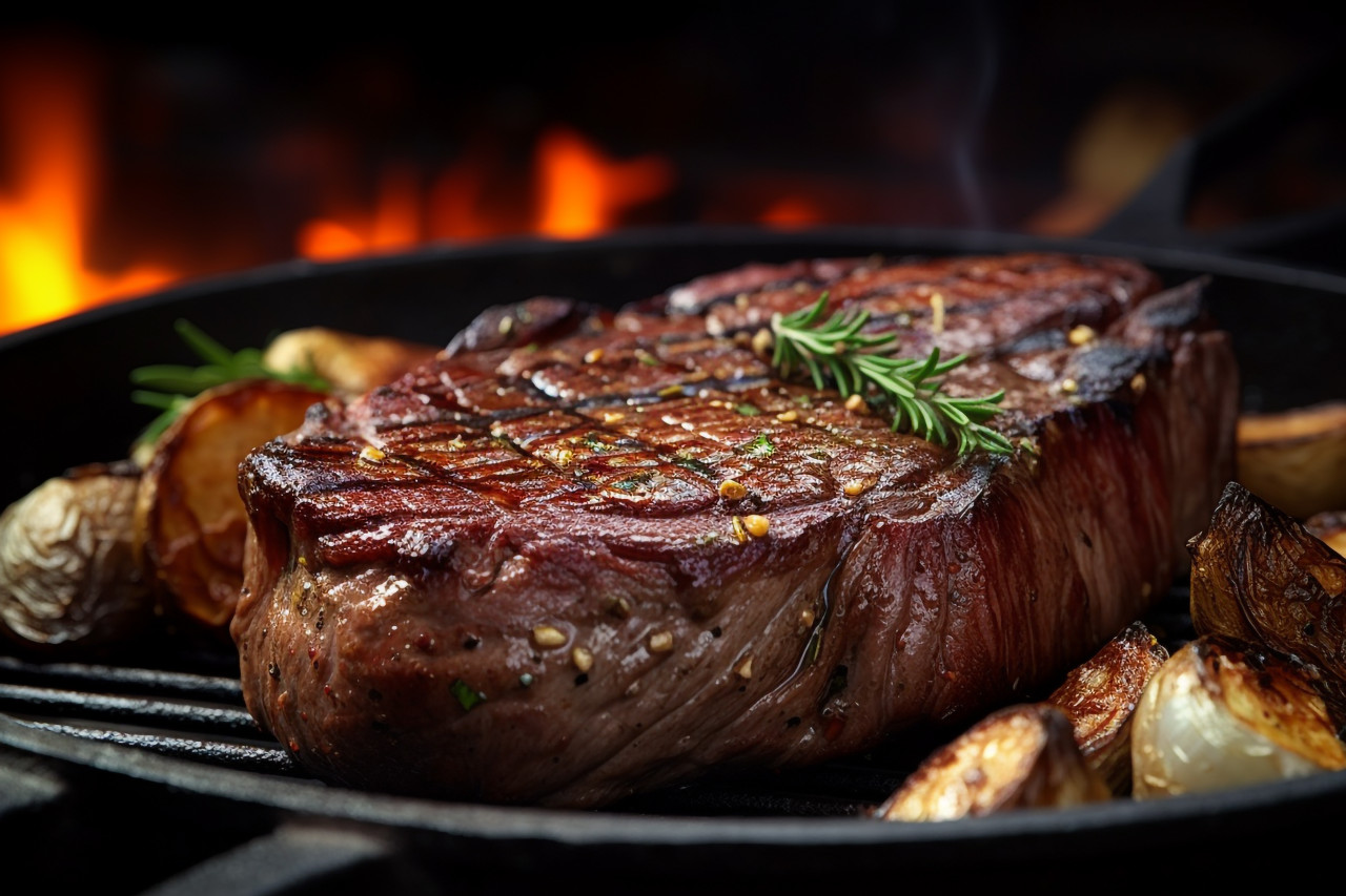 Picture of a cooked ribeye steak and baked potato in a frying pan, food and drink at home photo