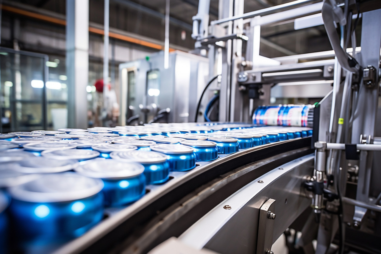 A picture of a conveyor belt moving thousands of aluminum drink cans in a factory, food and drink at home image