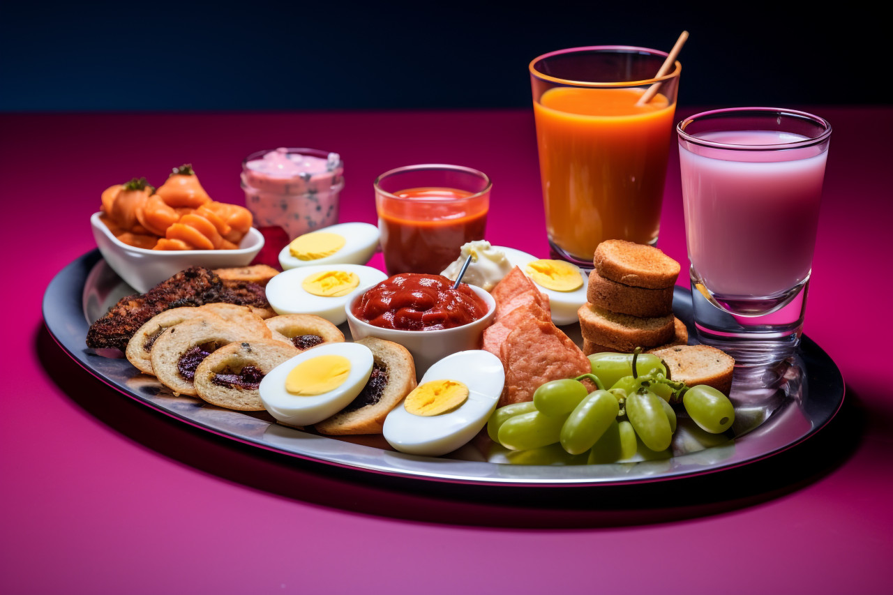A picture of a plate of appetizers and shot glasses arranged in a creative way on a purple background, food and drink at home photo