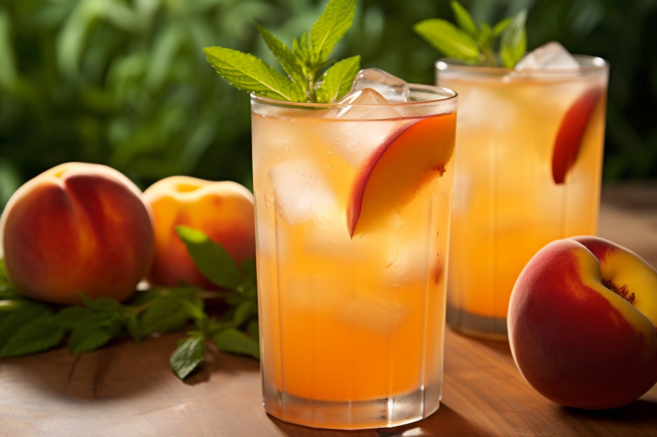 A picture of a cold lemonade made at home with juicy peaches and fresh mint leaves, food and drink at home image