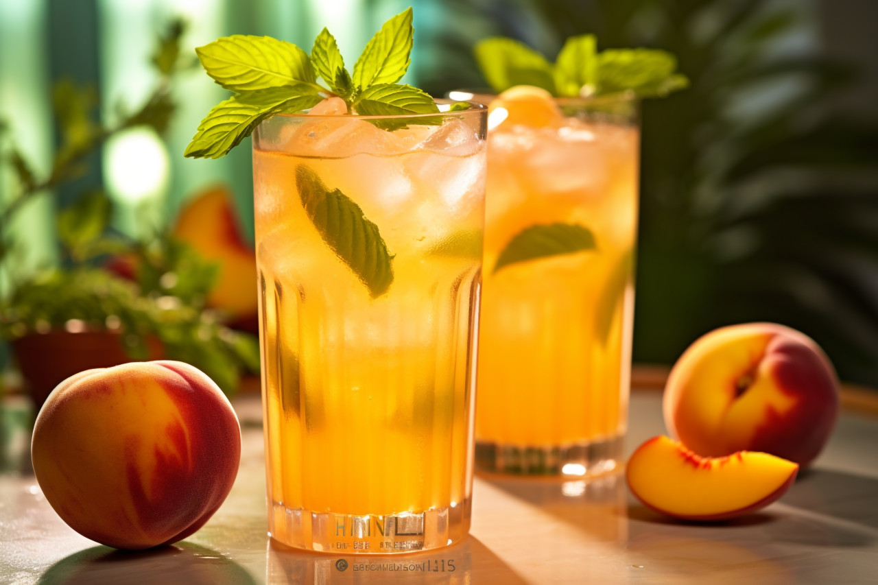 A picture of a cold lemonade made at home with juicy peaches and fresh mint leaves, food and drink at home image