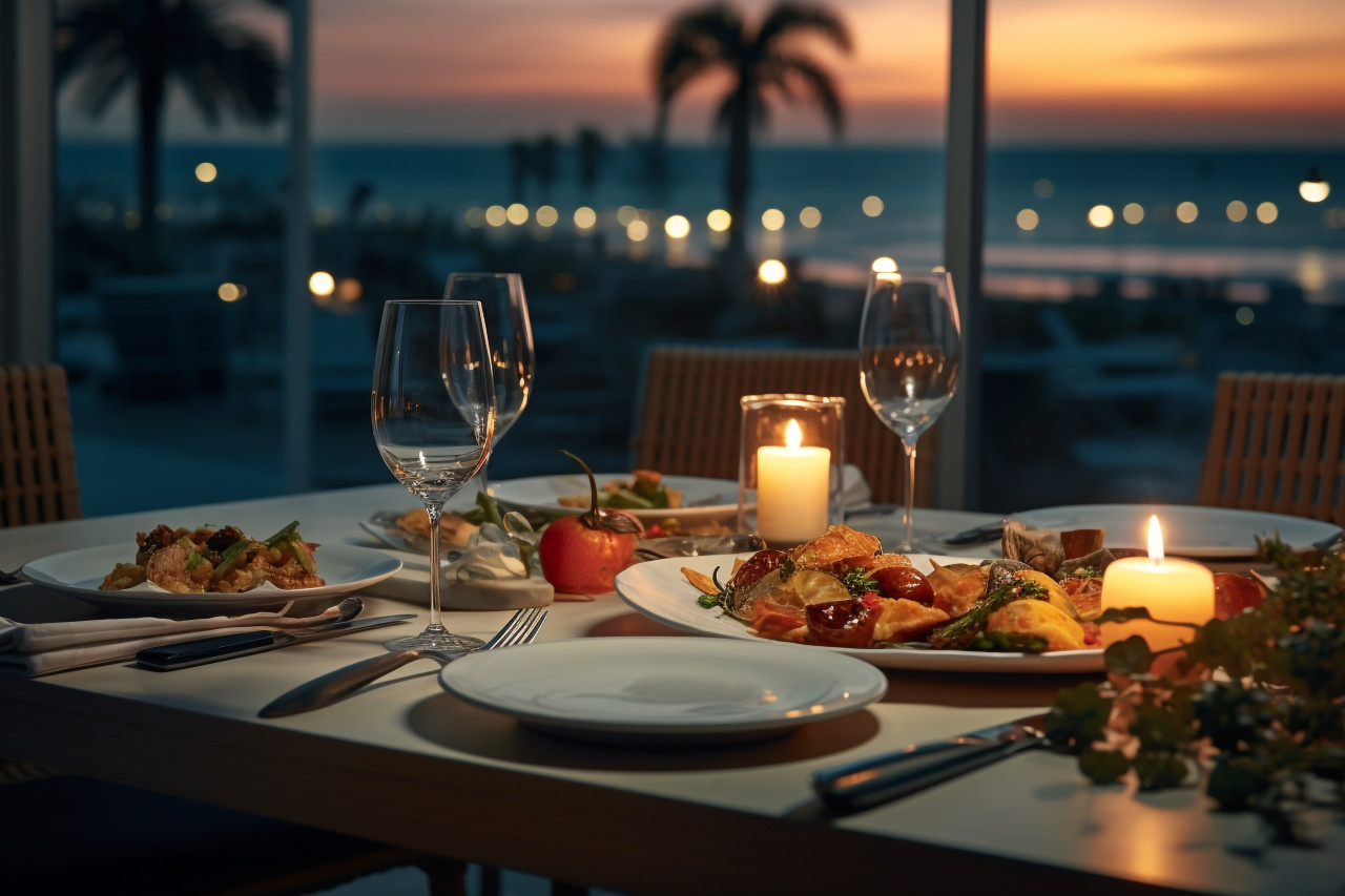 A picture of a meal eaten at a fancy hotel with a view of the ocean, food and drink at home photo