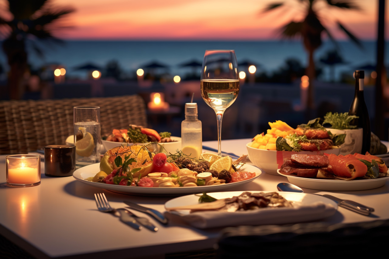 A picture of a meal eaten at a fancy hotel with a view of the ocean, food and drink at home photo