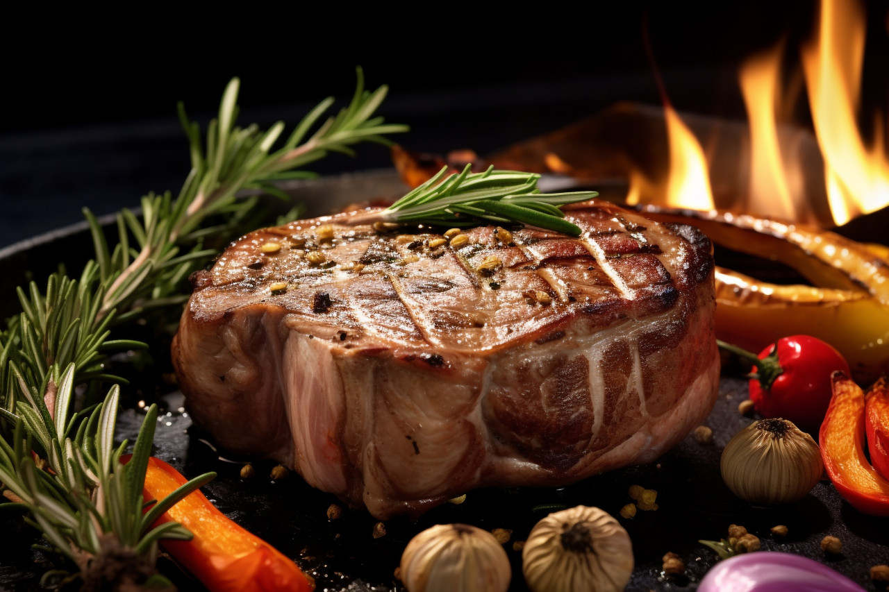 A picture of a cooked piece of veal meat with rosemary and vegetables, food and drink at home image