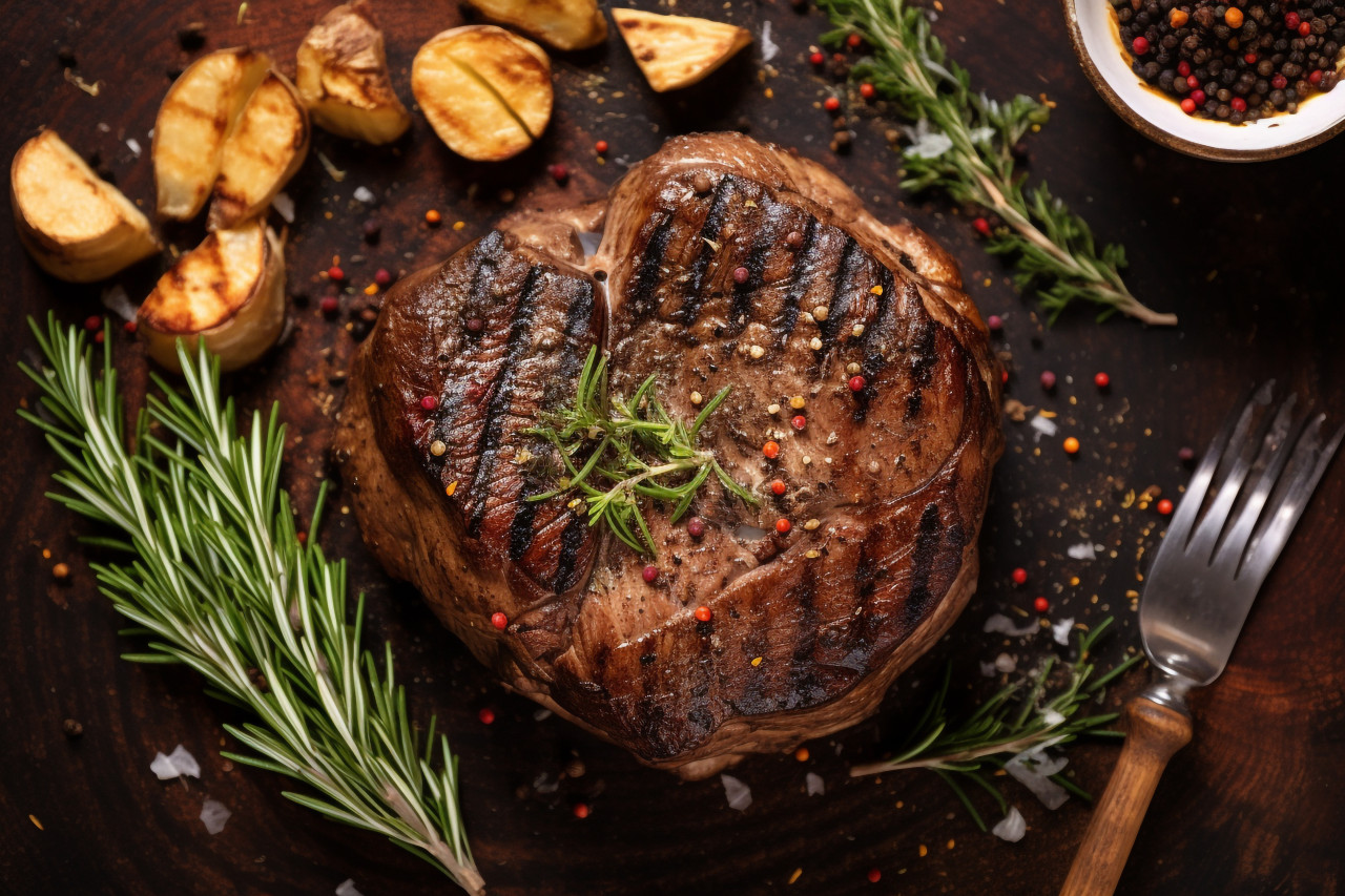 A picture of a grilled beef fillet mignon steak and a roasted potato from above, food and drink at home photo