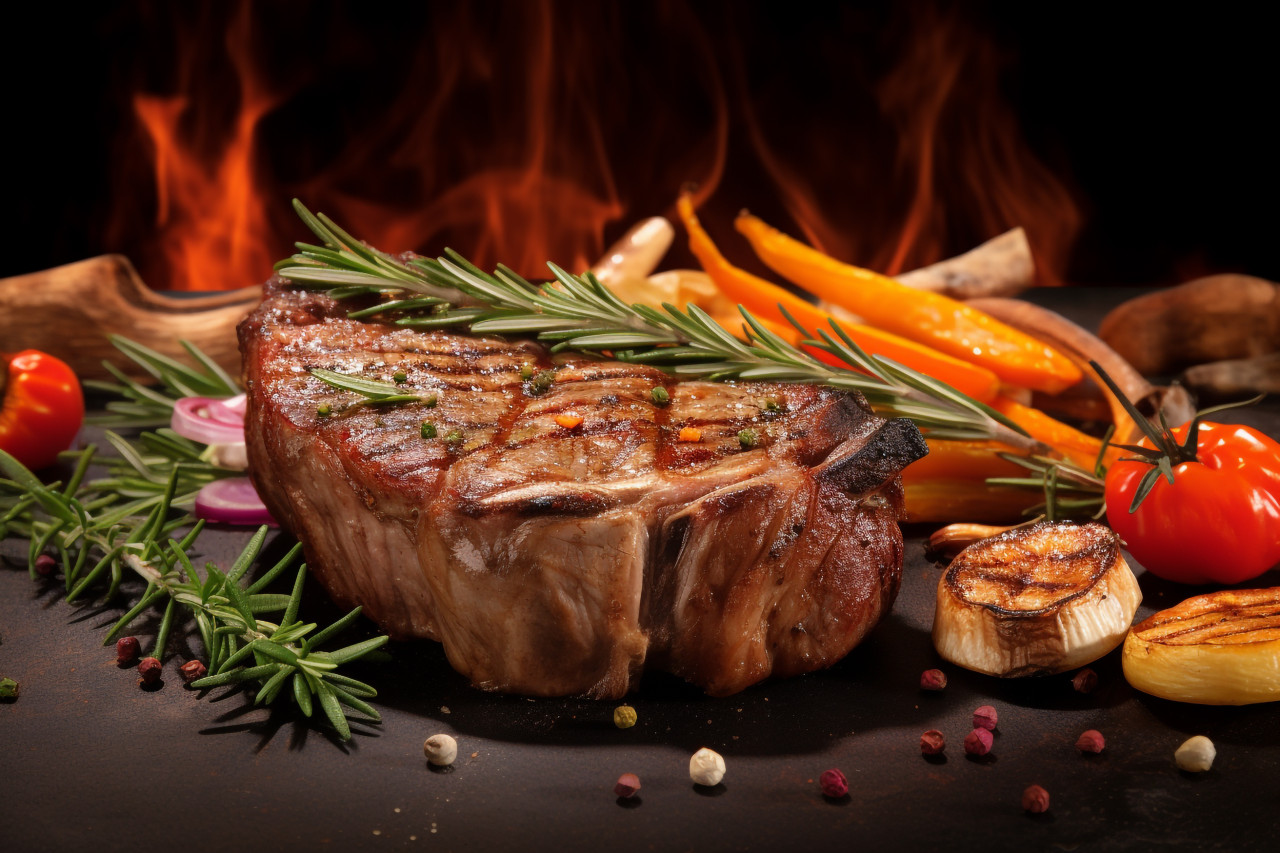 A picture of a cooked piece of veal meat with rosemary and vegetables, food and drink at home image