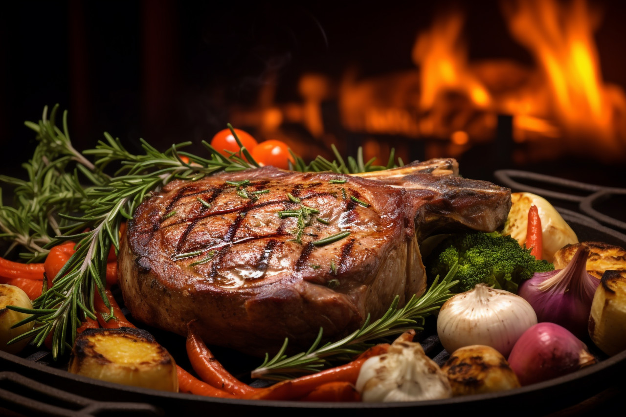 A picture of a cooked piece of veal meat with rosemary and vegetables, food and drink at home image