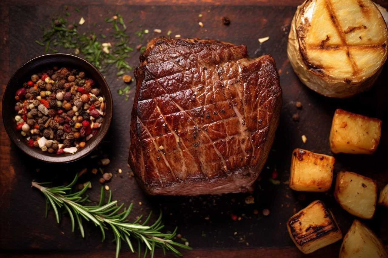 A picture of a grilled beef fillet mignon steak and a roasted potato from above, food and drink at home image