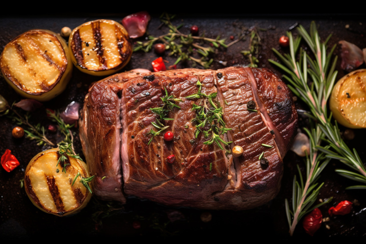 A picture of a grilled beef fillet mignon steak and a roasted potato from above, food and drink at home image